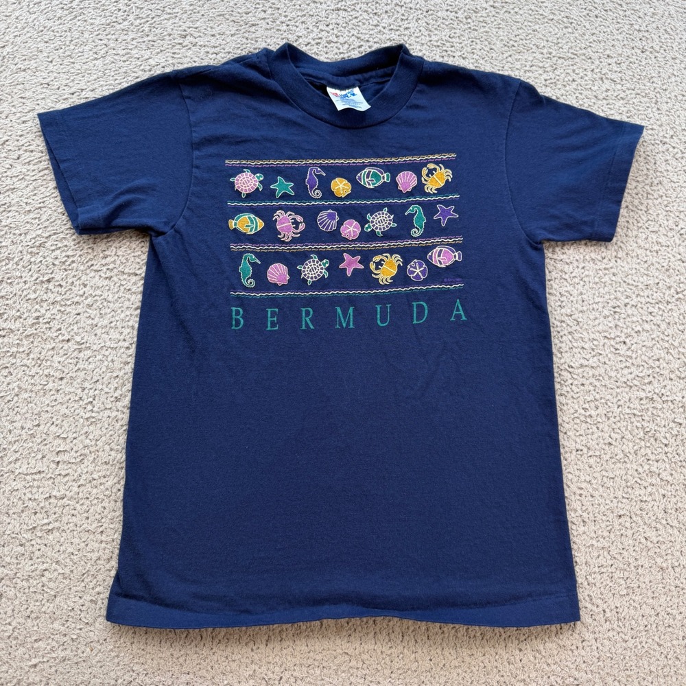Vintage 90s Hanes Beefy-T Bermuda Sea Life Graphic T-Shirt Navy Blue Medium USA